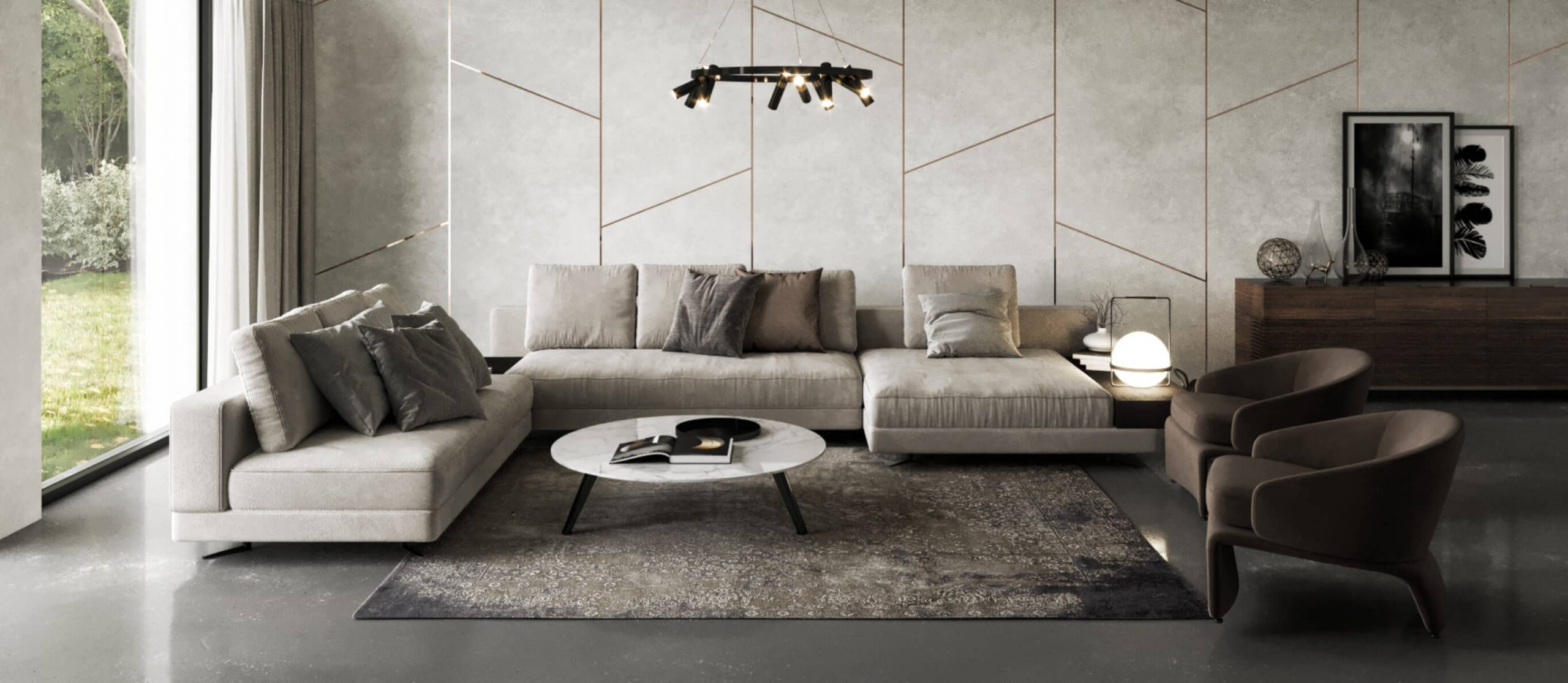 Modern living room with sofas and armchairs